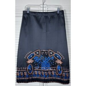 Leon Max‎ Limited Edition Charcoal Colorful Artsy Hem Midi A-Line Skirt Size 10